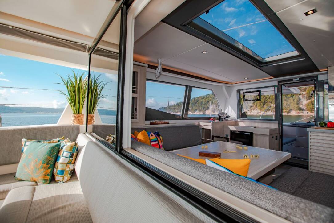 Leopard 45 Sisters catamaran saloon